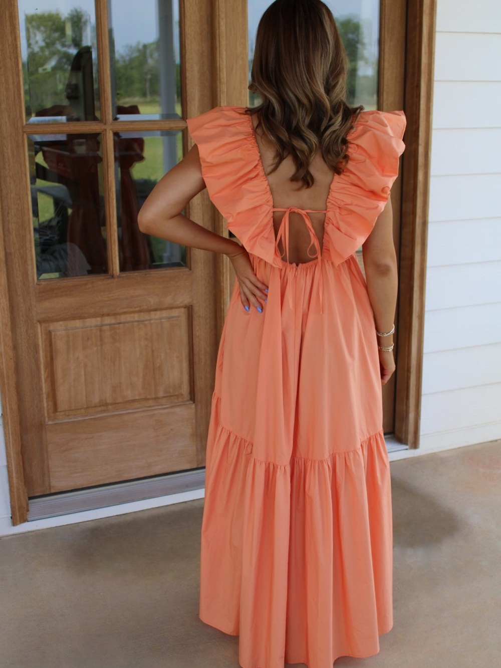 Ina Coral Peach Ruffle Maxi Dress with Front Cutout Size S 100%Cotton - Picture 3 of 16